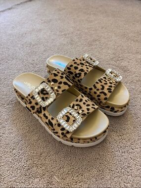 Leopard Print Double-Buckle Slide Sandals with Crystal Buckles